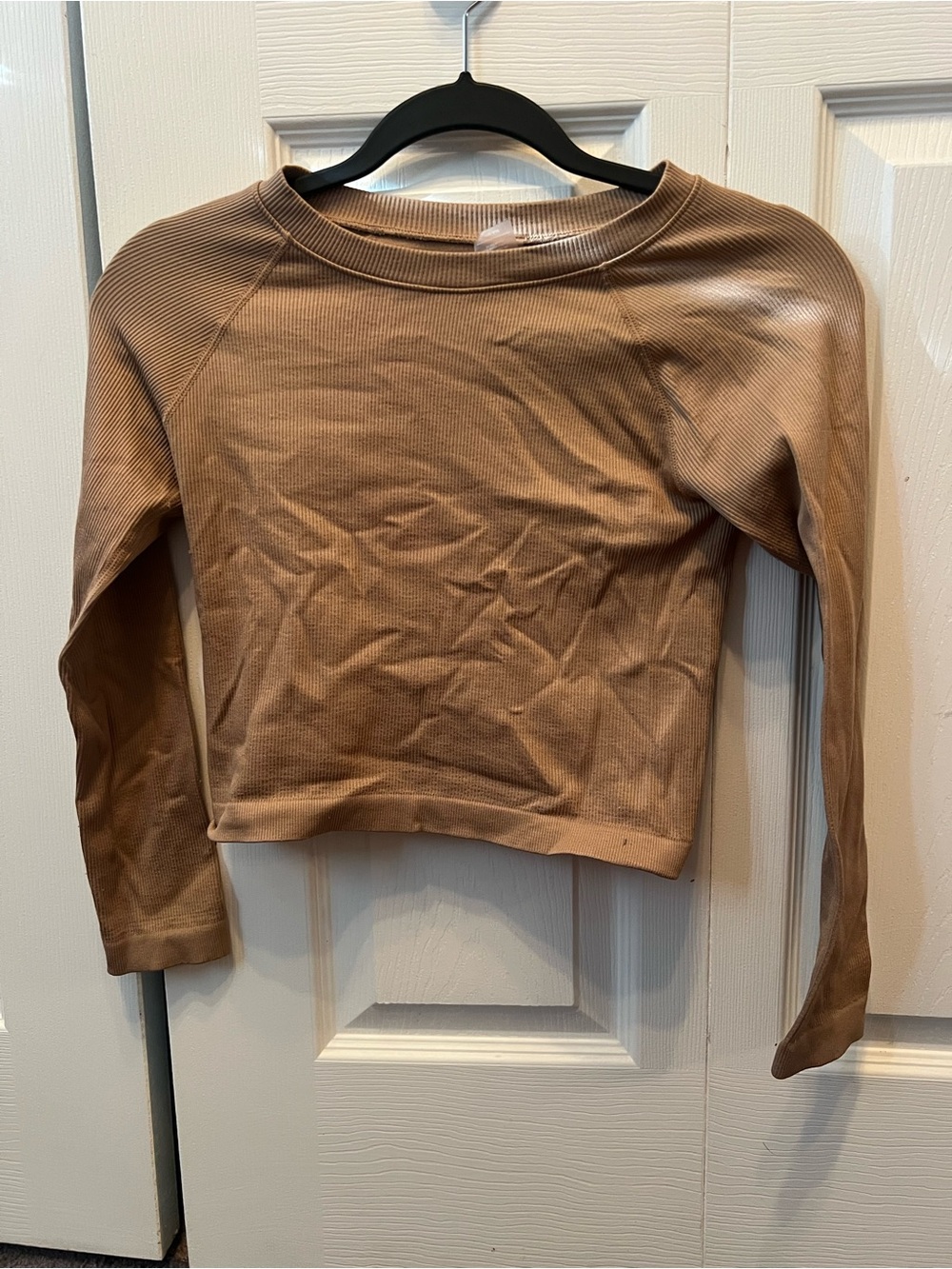 Women's Long Sleeve Ribbed Crop Top - Tan